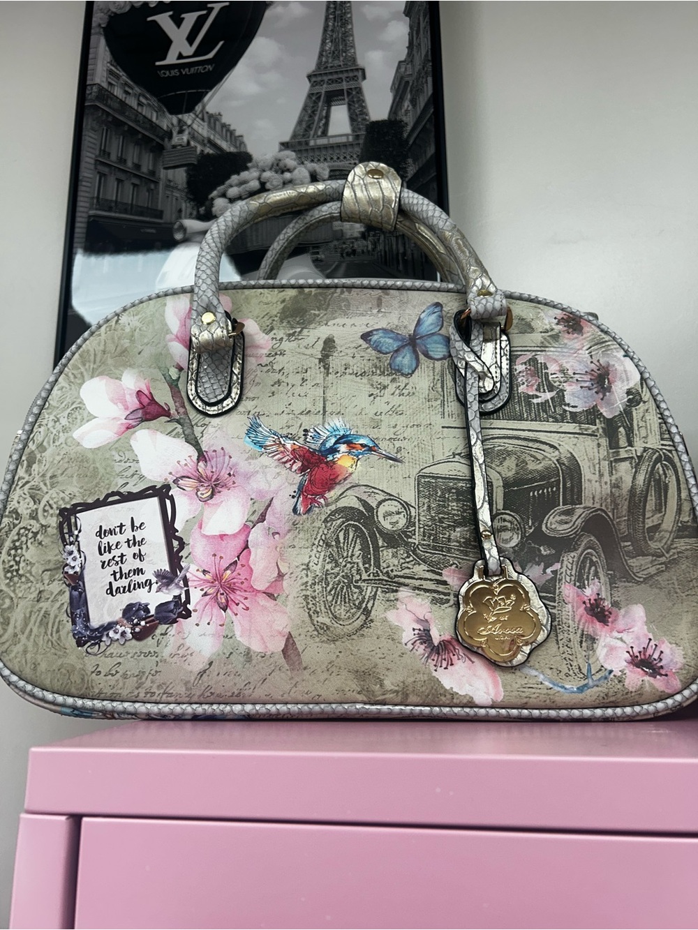 Floral Vintage Print Dome Satchel - Pink Accent